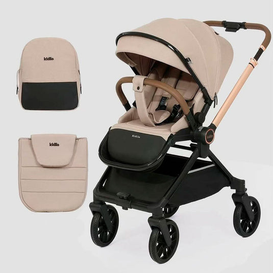 Coche paseador reversible para bebé, con respaldo ajustable, toldo en varias secciones adaptable, sistema de plegado compacto e incluye pañalera - Kidilo