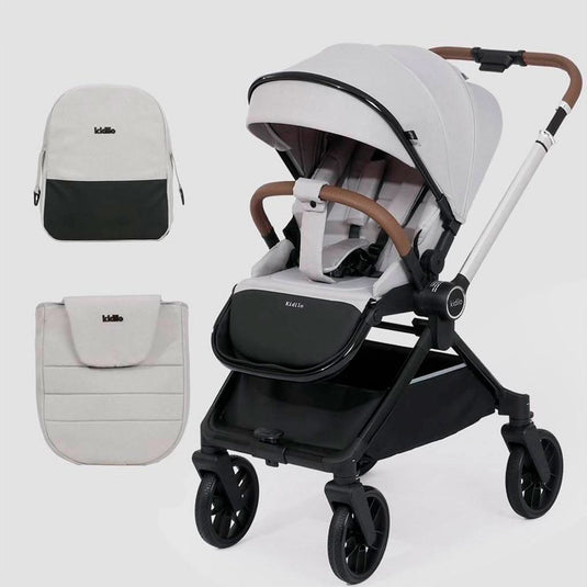 Coche paseador reversible para bebé, con respaldo ajustable, toldo en varias secciones adaptable, sistema de plegado compacto e incluye pañalera - Kidilo