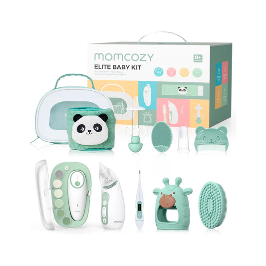 Kit Elite esencial para el cuidado suave del bebé, set de 10 piezas color verde menta para la limpieza, cuidado y aseo del recién nacido, con estuche para facilitar su transporte - Momcozy