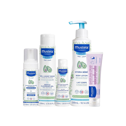 Set de regalo productos esenciales para el aseo recién nacido, hechos especialmente para bebés, cuidado de la piel y baño, kit x5 productos suaves formulados con ingredientes naturales a base de plantas - Mustela