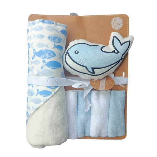 Kit de baño 6pz con toalla con capucha y babitas, set de toalla con capucha, paquete de 4 babitas para bebé, una esponja con diseño animado