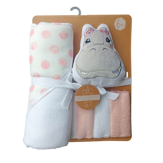 Kit de baño 6pz con toalla con capucha y babitas, set de toalla con capucha, paquete de 4 babitas para bebé, una esponja con diseño animado