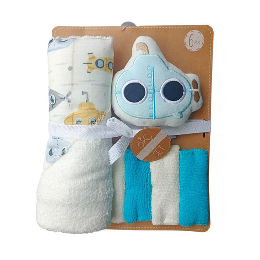 Kit de baño 6pz con toalla con capucha y babitas, set de toalla con capucha, paquete de 4 babitas para bebé, una esponja con diseño animado