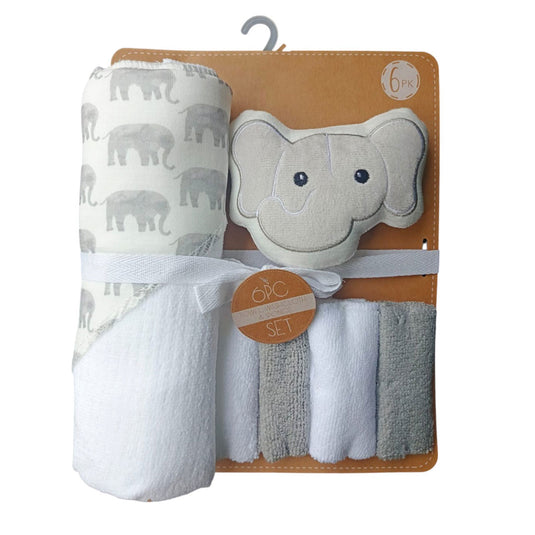 Kit de baño 6pz con toalla con capucha y babitas, set de toalla con capucha, paquete de 4 babitas para bebé, una esponja con diseño animado