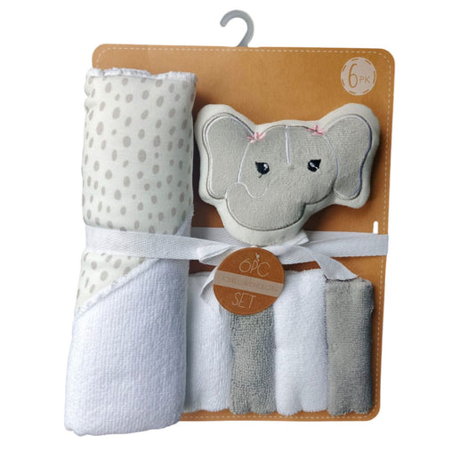 Kit de baño 6pz con toalla con capucha y babitas, set de toalla con capucha, paquete de 4 babitas para bebé, una esponja con diseño animado