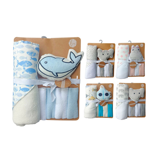 Kit de baño 6pz con toalla con capucha y babitas, set de toalla con capucha, paquete de 4 babitas para bebé, una esponja con diseño animado