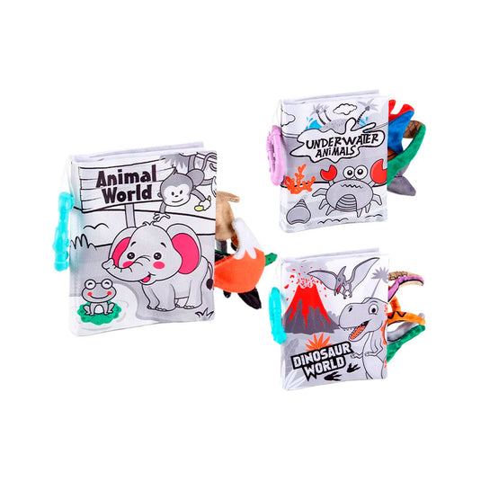 Libro sensorial de tela de alto contraste para bebé, hecho en material suave hipoalergénico, con diseños y colores llamativos, con anillo para colgar