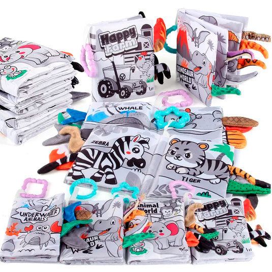 Libro sensorial de tela de alto contraste para bebé, hecho en material suave hipoalergénico, con diseños y colores llamativos, con anillo para colgar