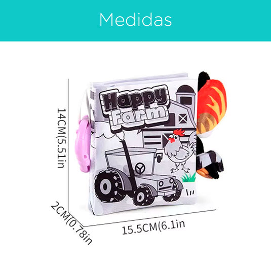Libro sensorial de tela de alto contraste para bebé, hecho en material suave hipoalergénico, con diseños y colores llamativos, con anillo para colgar