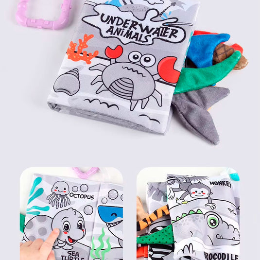 Libro sensorial de tela de alto contraste para bebé, hecho en material suave hipoalergénico, con diseños y colores llamativos, con anillo para colgar