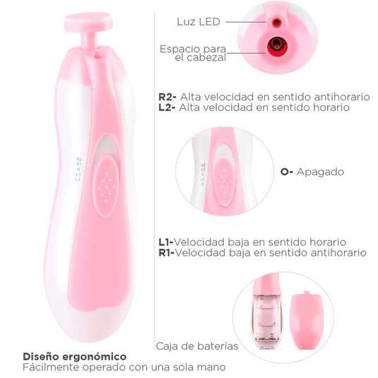 Kit cortaúñas eléctrico para bebés con limas intercambiables y velocidad ajustable