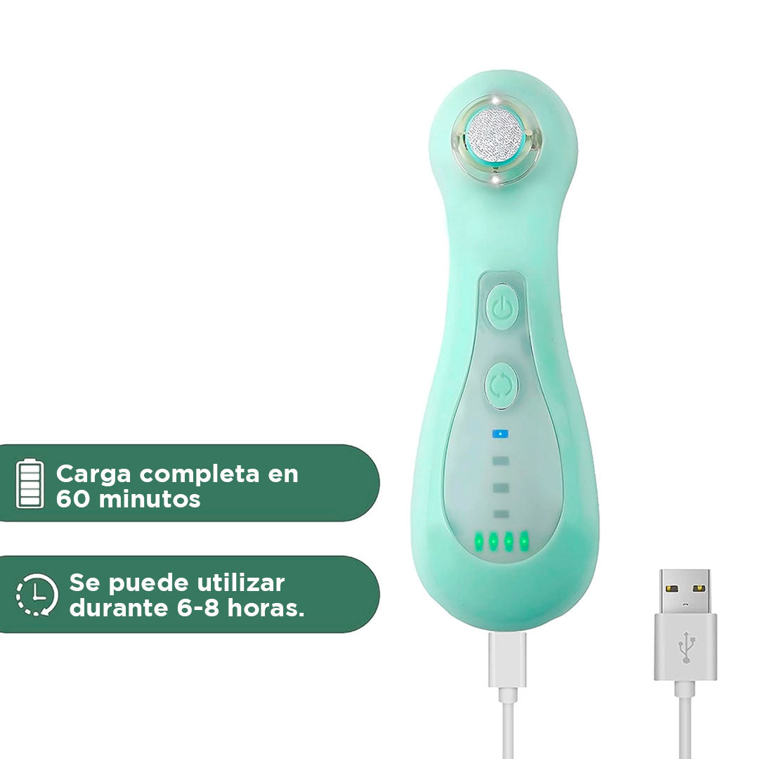 Lima eléctrica recargable con cabezal intercambiable, color verde menta, velocidad ajustable, con luz LED que enciende automáticamente, delicada al tacto con la piel