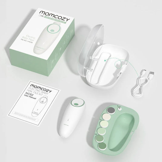 Lima eléctrica de uñas para bebé color verde menta, cortaúñas delicado y de bajo sonido con luz nocturna, con repuestos de cabezal, larga duración de la batería - Momcozy