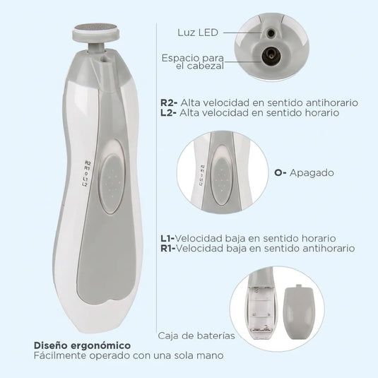 Kit cortaúñas eléctrico gris, lima eléctrica para bebés con cabezales intercambiables y velocidad ajustable, Kit cortaúñas eléctrico, lima eléctrica para bebés con cabezales intercambiables y velocidad ajustable