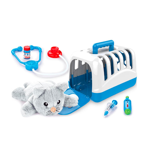 Mascota de peluche con transportador y kit de accesorios Gatito / Veterinario