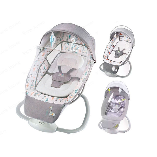 Silla mecedora eléctrica con diseños estampados, espaldar ajustable y temporizador, incluye mosquitero y móviles, con melodías pregrabadas - Mastela
