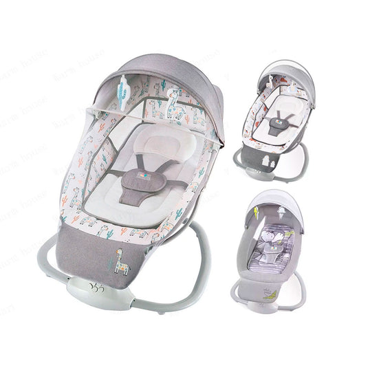 Silla mecedora eléctrica con diseños estampados, espaldar ajustable y temporizador, incluye mosquitero y móviles, con melodías pregrabadas - Mastela