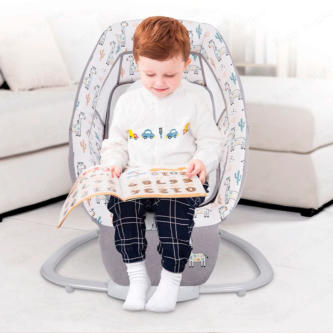 Silla mecedora eléctrica con diseños estampados, espaldar ajustable y temporizador, incluye mosquitero y móviles, con melodías pregrabadas - Mastela