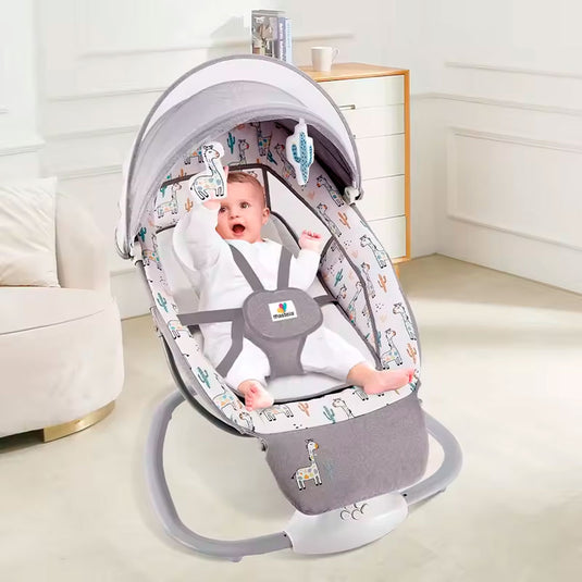Silla mecedora eléctrica con diseños estampados, espaldar ajustable y temporizador, incluye mosquitero y móviles, con melodías pregrabadas - Mastela