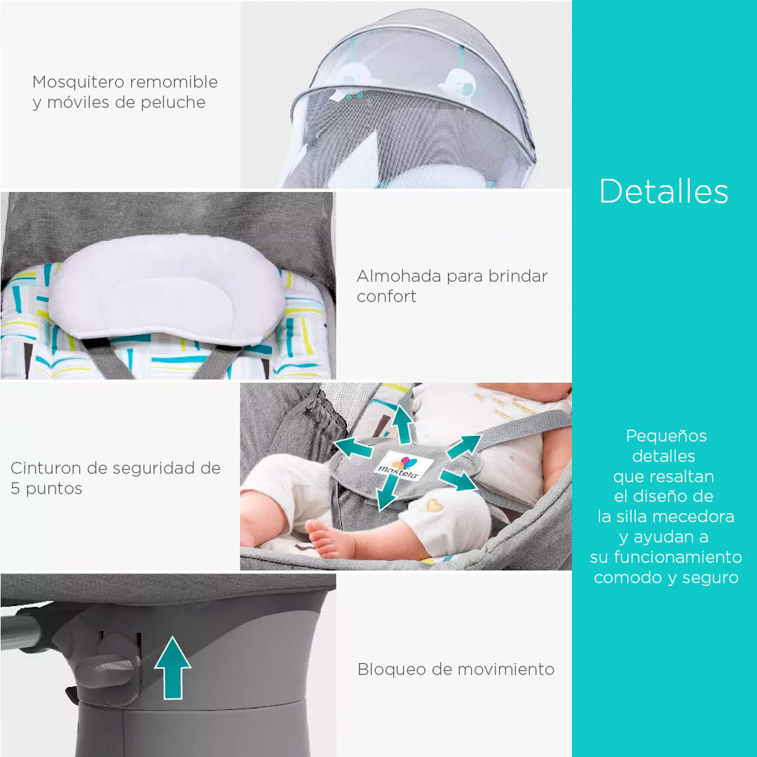 Silla mecedora eléctrica con velocidades, temporizador, mosquitero, música y móviles - Mastela
