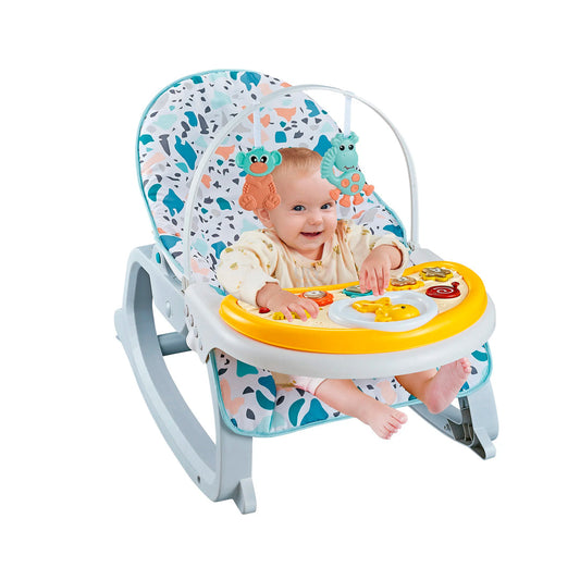 Silla mecedora para bebé, con sonido, juguetes móviles y doble bandeja alimentación/musical Blanca