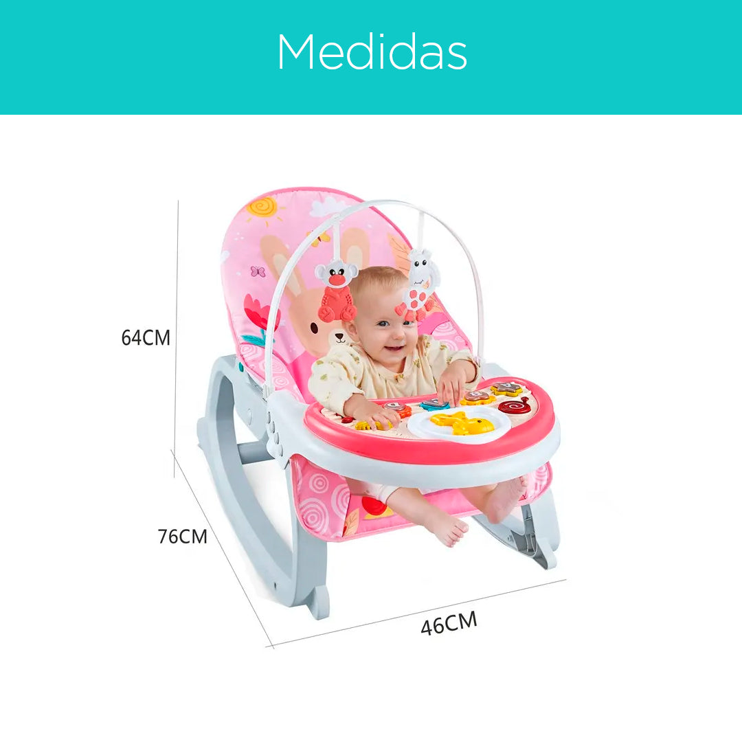 Silla mecedora para bebé, con sonido, juguetes móviles y doble bandeja alimentación/musical
