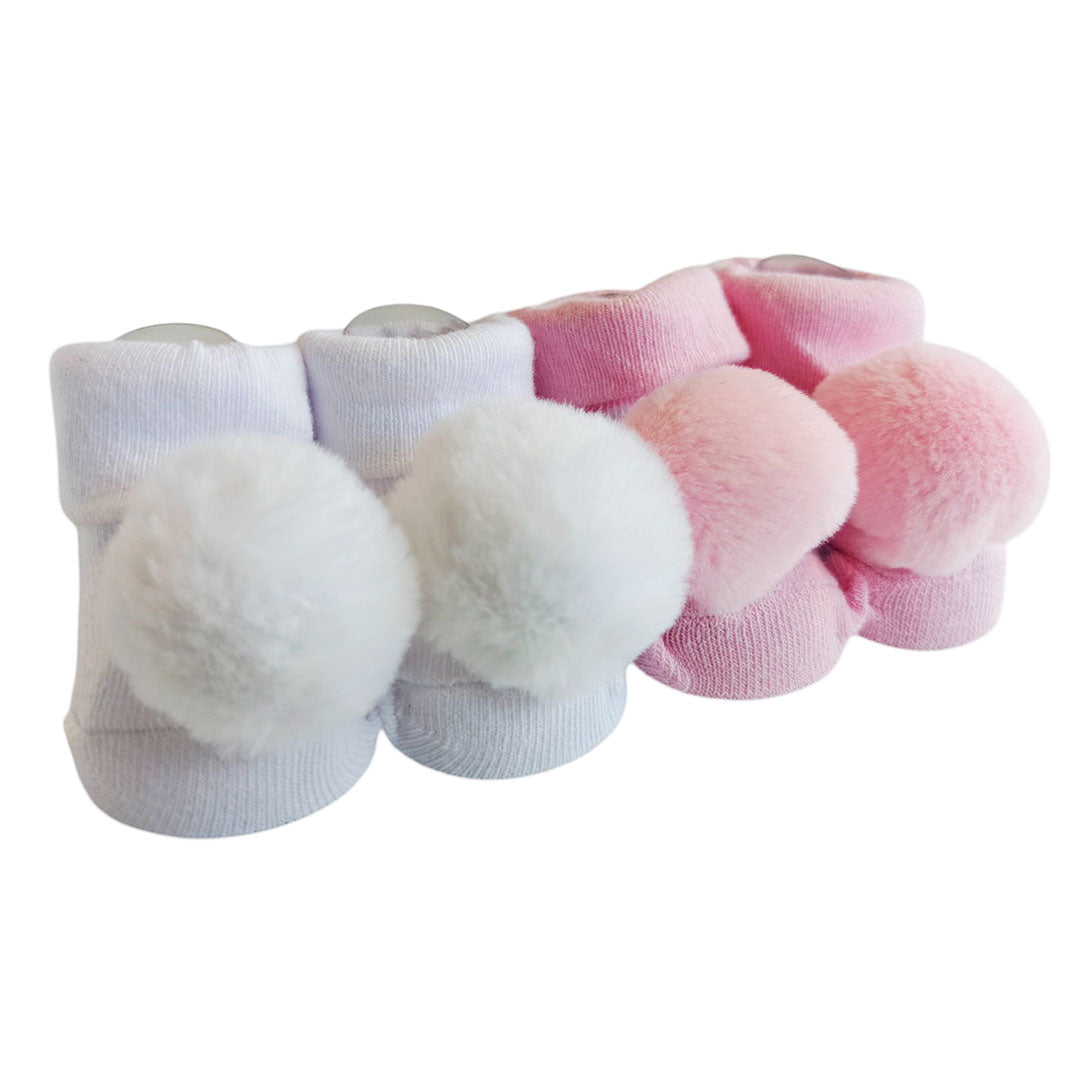 Paquete de 2 pares de medias con pompones, hechas en algodón hipoalergénico, diseños coloridos, con pompón decorativo - Favour