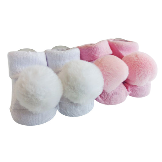Paquete de 2 pares de medias con pompones, hechas en algodón hipoalergénico, diseños coloridos, con pompón decorativo - Favour