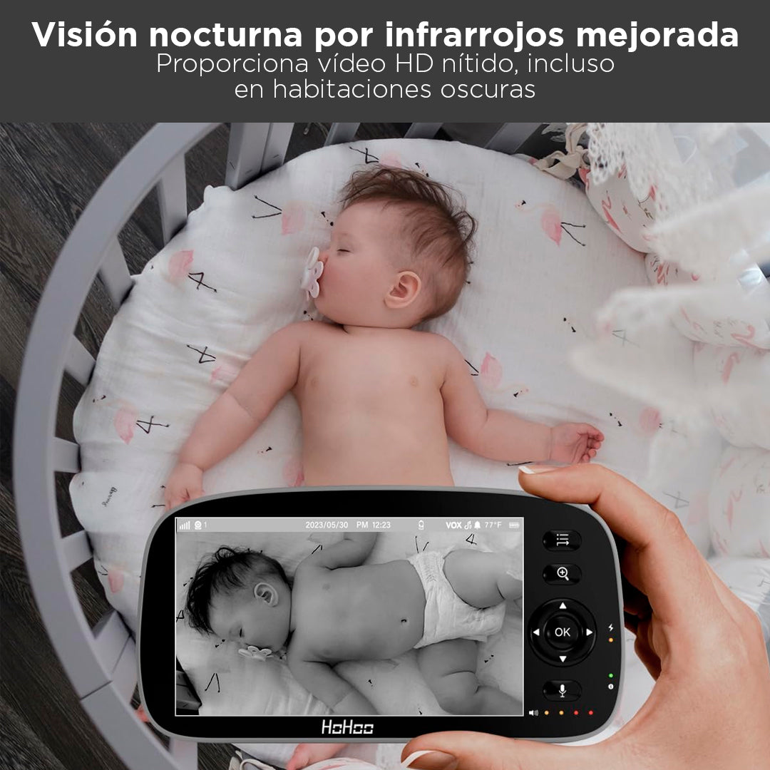 Monitor de bebé, pantalla dividida HD 720P de 5 pulgadas, 30 horas de duración de la batería con cámara y audio, audio bidireccional, zoom, visión nocturna, canciones de cuna, alcance de 280 metros