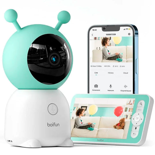 Cámara con monitor y vinculación a smartphone, WiFi 2K a través de pantalla y control desde aplicación, sensor de temperatura, visión nocturna, audio bidireccional - BOIFUN