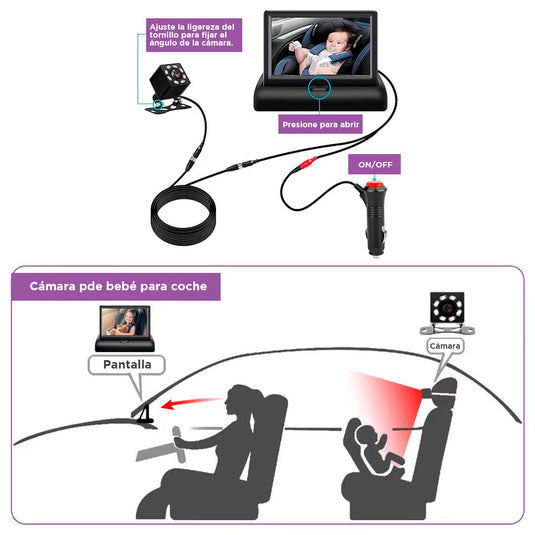 Monitor retrovisor de carro para bebés, vista amplia del asiento infantil, pantalla de 4.3 pulgadas con visión angular 150° de resolución de 1080P