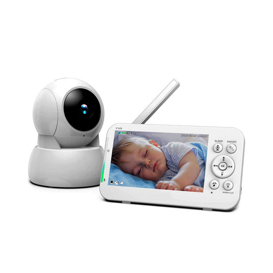 Monitor con cámara 360° para bebé con pantalla LCD 5", funcionamiento inalámbrico, pantalla digital, visión nocturna por infrarrojos y intercomunicador bidireccional, con función de sensor de temperatura y melodías integradas