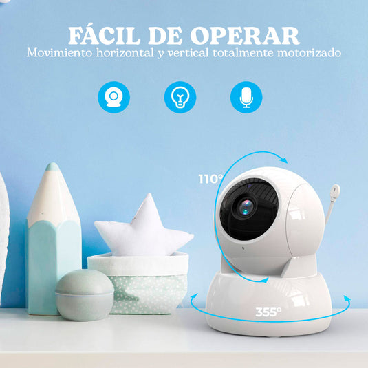 Monitor con cámara 360° para bebé con pantalla LCD 5", funcionamiento inalámbrico, pantalla digital, visión nocturna por infrarrojos y intercomunicador bidireccional, con función de sensor de temperatura y melodías integradas