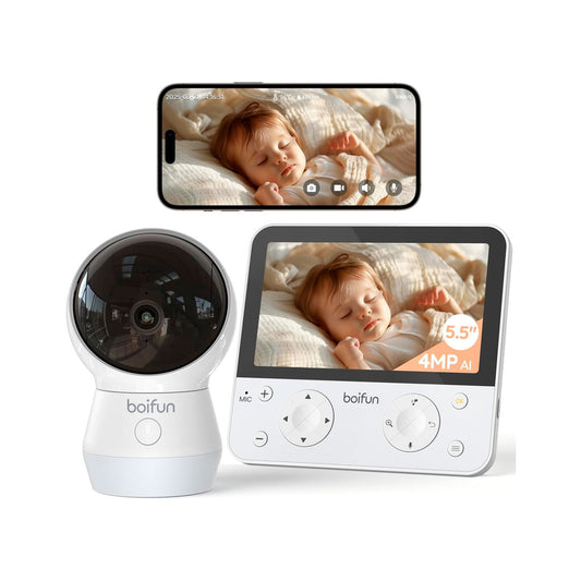 Monitor de 5.5" con cámara y conexión al celular por Wifi, ayuda de IA incorporada, luz nocturna incorporada, cámara con rotación 360°, visión nocturna y ajuste de zoom x4, detección de movimiento o sonido fuerte - BOIFUN