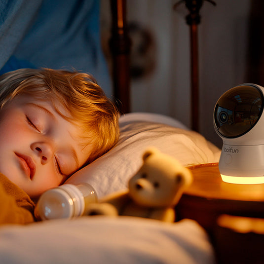 Monitor de 5.5" con cámara y conexión al celular por Wifi, ayuda de IA incorporada, luz nocturna incorporada, cámara con rotación 360°, visión nocturna y ajuste de zoom x4, detección de movimiento o sonido fuerte - BOIFUN