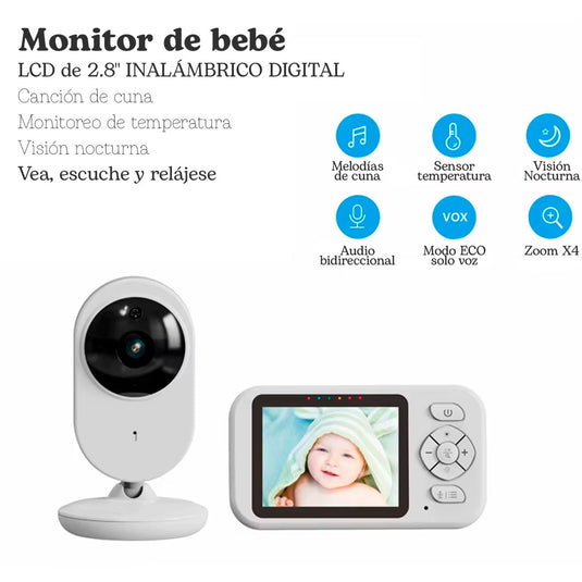 Monitor de 2,8" con cámara para bebés, monitor con zoom digital 4X, modo VOX con audio bidireccional, melodías de cuna, modo ECO para ahorro de energía con funcionamiento solo por voz y función de visión nocturna
