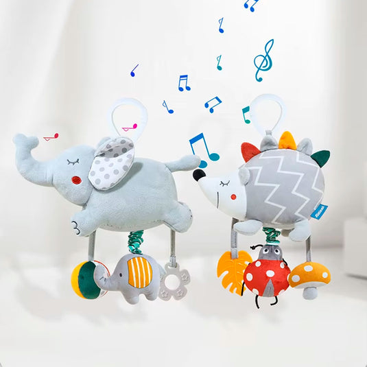 Móvil musical de cuerda con diseño de peluche, sonajero para cuna, coche o gimnasio, con rascaencias en silicona suave, caja de melodías a cuerda