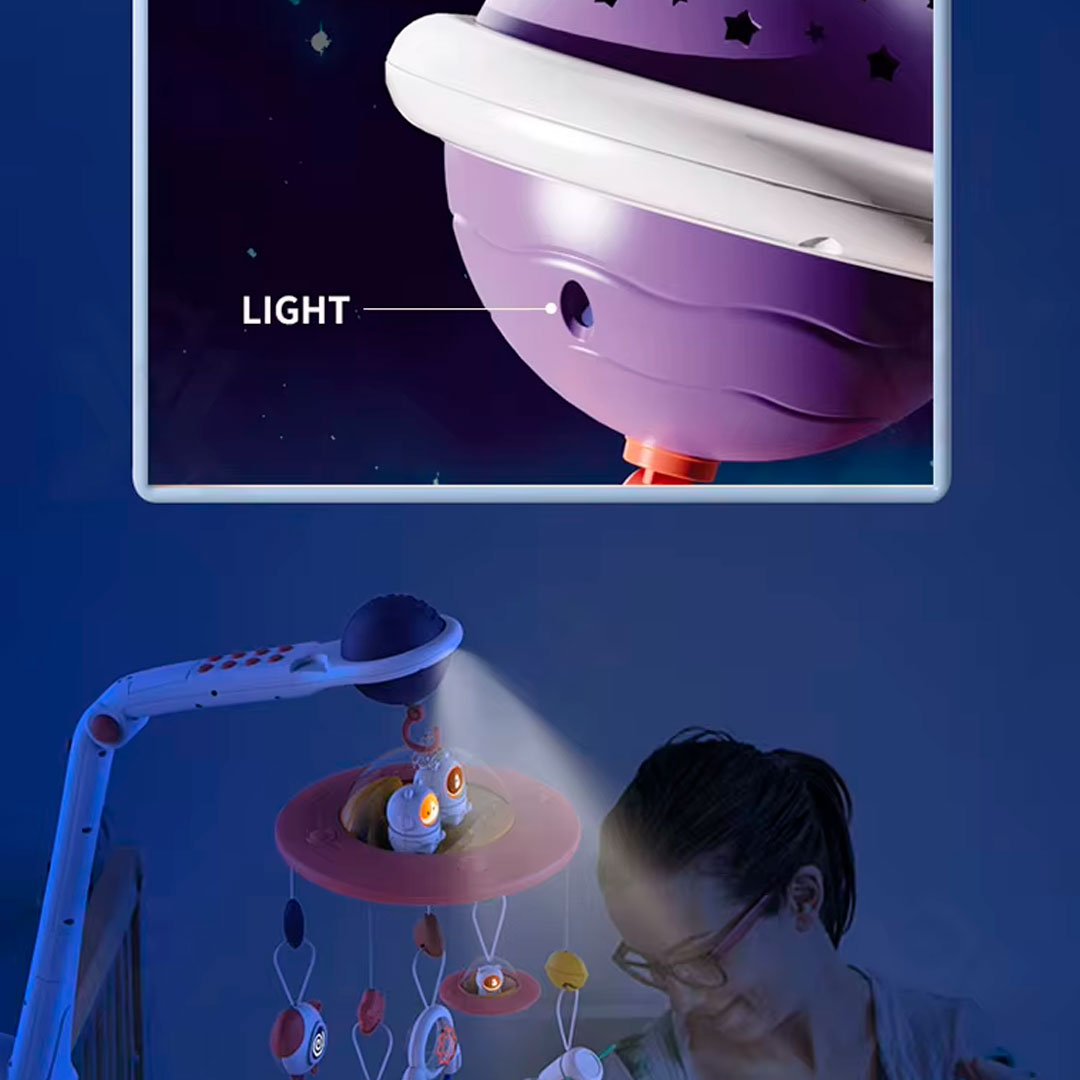 Móvil para cuna Platillo volador con animalitos, melodías de cuna, cuenta con control remoto, proyección de luces, con juguetes colgantes
