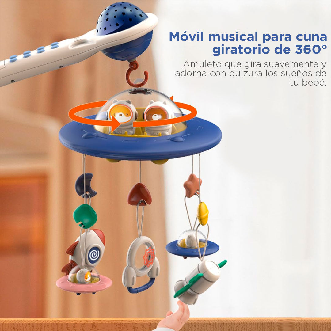 Móvil para cuna Platillo volador con animalitos, melodías de cuna, cuenta con control remoto, proyección de luces, con juguetes colgantes