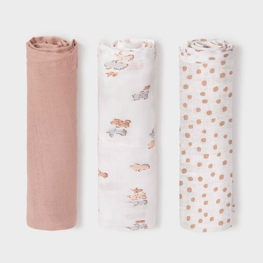 Set x3 sábanas muselinas con estampado para bebé, paquete de 3 unidades de gasas hechas en tela ligera e hipoalergénica - Mayoral
