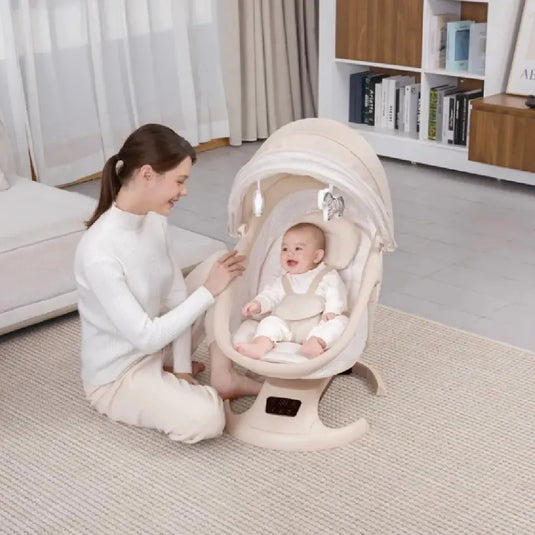 Mecedora eléctrica InfiniOrbit para bebé con balanceo, vibración, Bluetooth, temporizador, asiento reclinable y barra de juguetes - Mastela