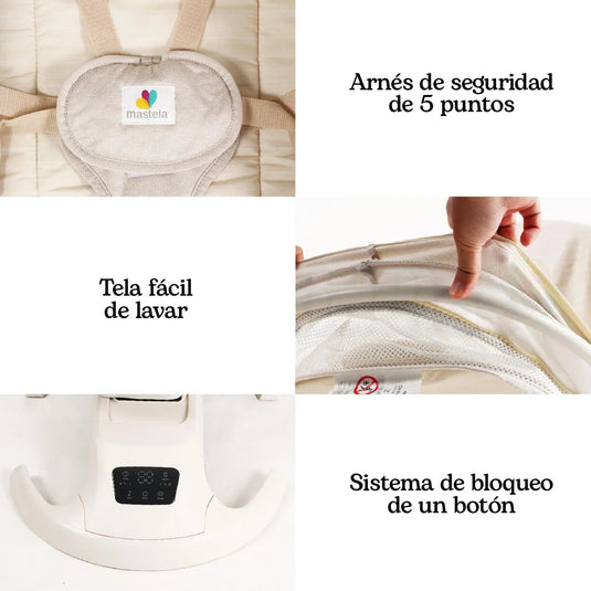 Mecedora eléctrica InfiniOrbit para bebé con balanceo, vibración, Bluetooth, temporizador, asiento reclinable y barra de juguetes - Mastela