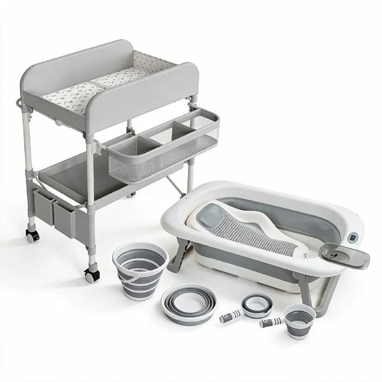 Bañera plegable para bebé 6 en 1 con patas, tapón termosensible, soporte para recién nacido y accesorios completos, plegado de 6.5cm, material PP y TPE libre de tóxicos