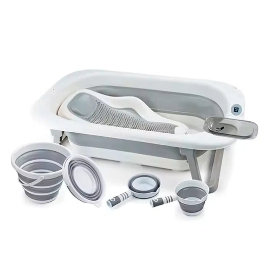 Bañera plegable para bebé 6 en 1 con patas, tapón termosensible, soporte para recién nacido y accesorios completos, plegado de 6.5cm, material PP y TPE libre de tóxicos