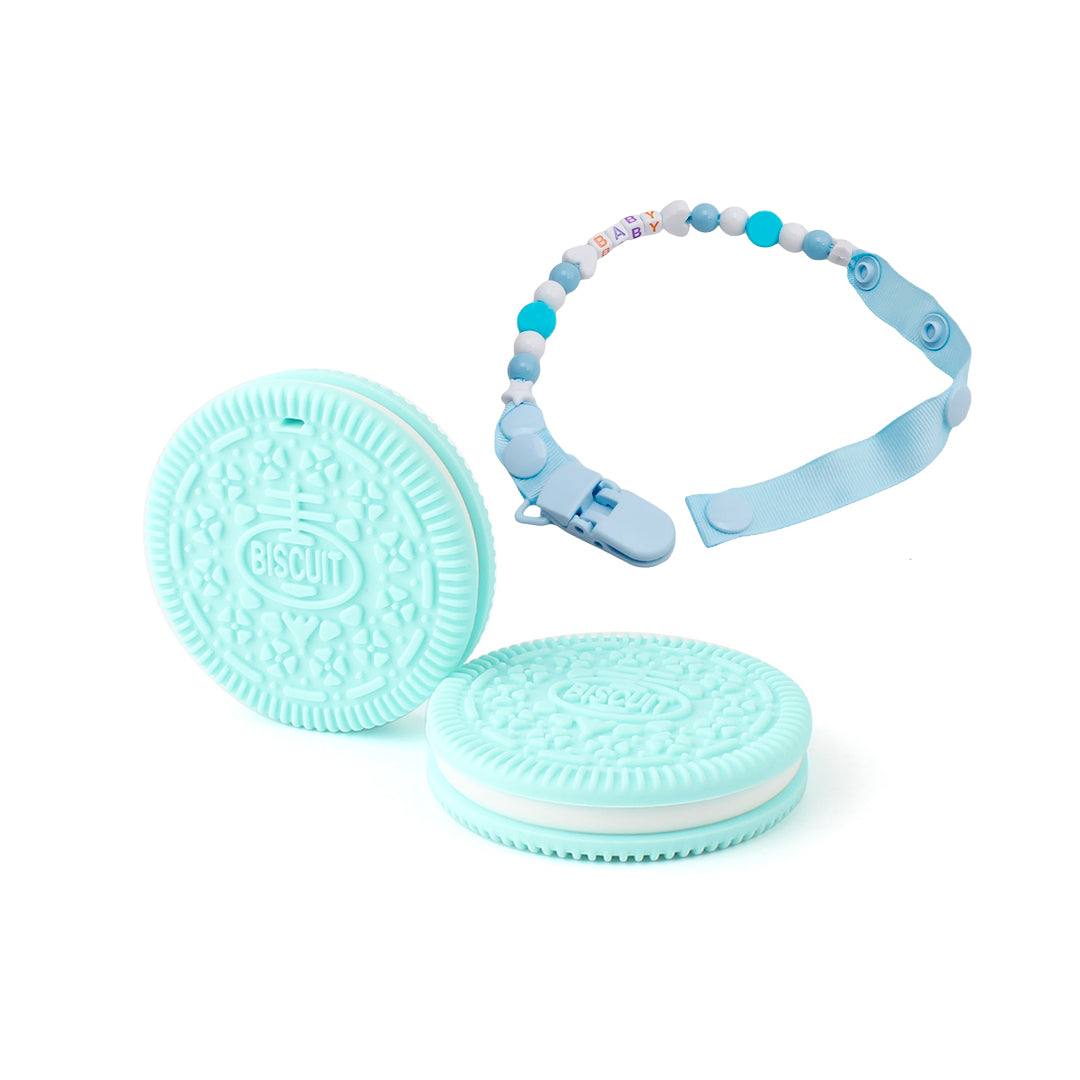 Juguete mordedor de galleta con soporte para pegarlo de la ropa, para bebé entre 3 y 12 meses, rascaencias en silicona Verde Menta