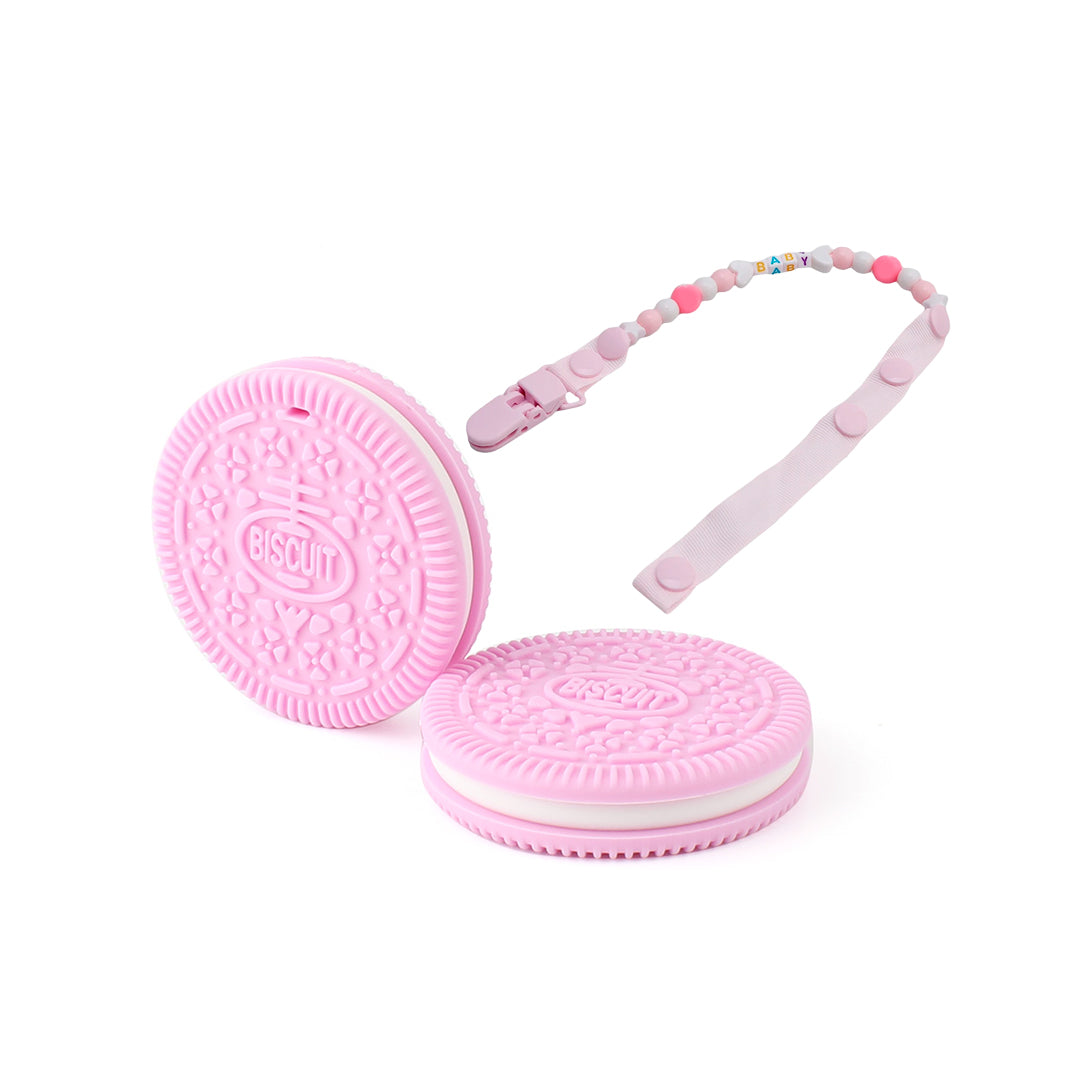 Juguete mordedor de galleta con soporte para pegarlo de la ropa, para bebé entre 3 y 12 meses, rascaencias en silicona Rosa