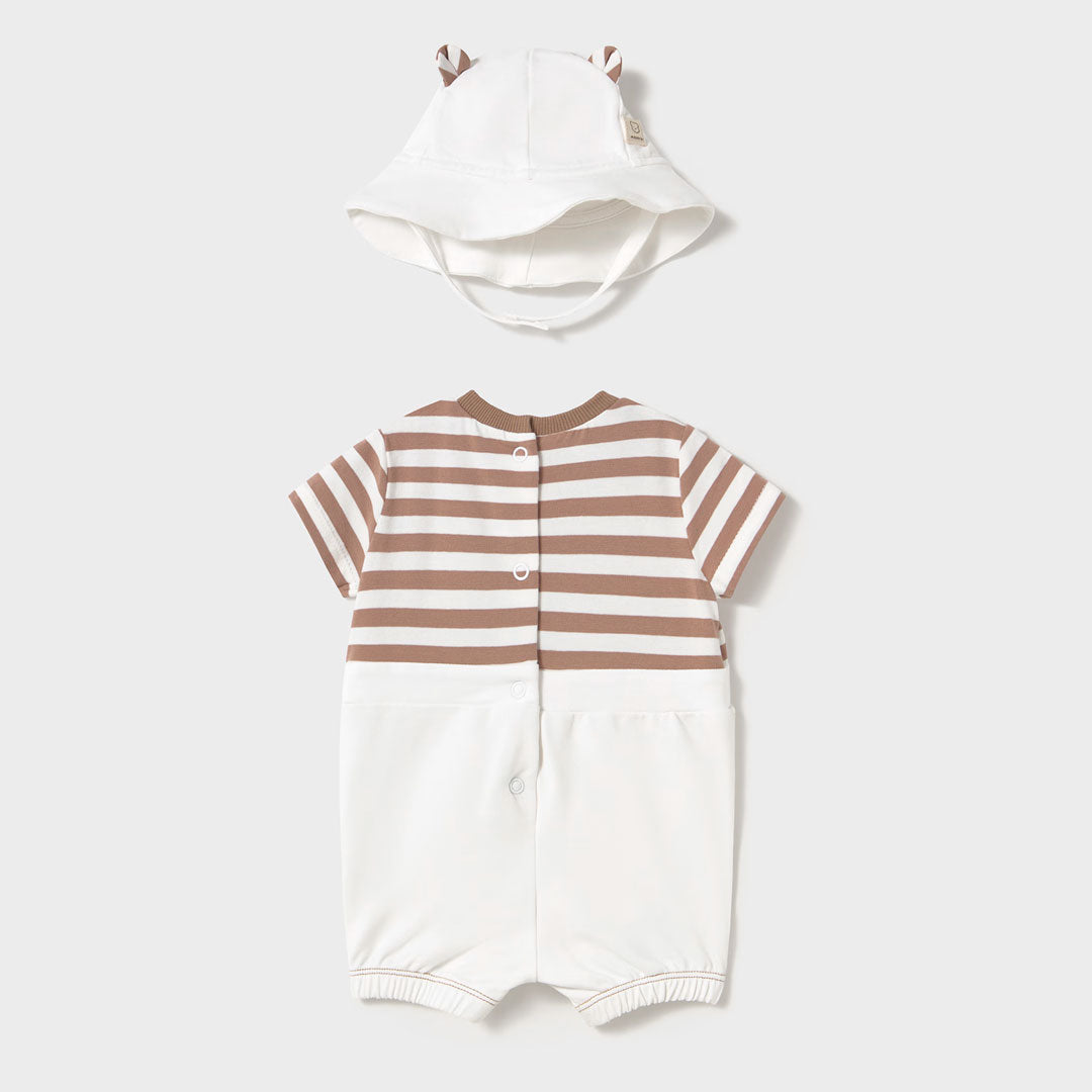 Conjunto mameluco manga corta simulado Overall y gorro, camiseta a rayas hecha en material suave y transpirable, ajuste de pierda por botones, gorro a juego con orejitas de oso - Mayoral