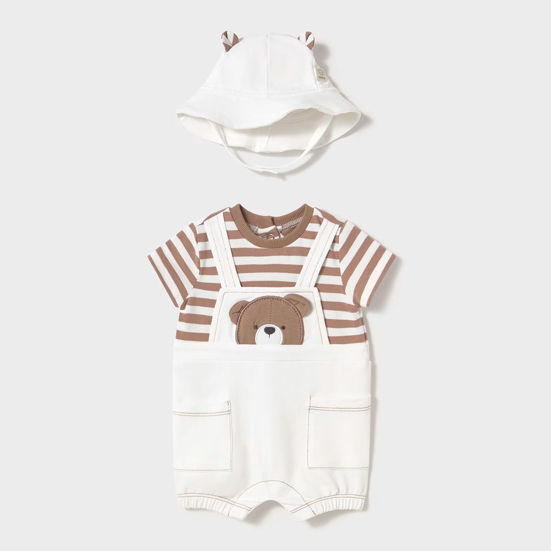 Conjunto mameluco manga corta simulado Overall y gorro, camiseta a rayas hecha en material suave y transpirable, ajuste de pierda por botones, gorro a juego con orejitas de oso - Mayoral