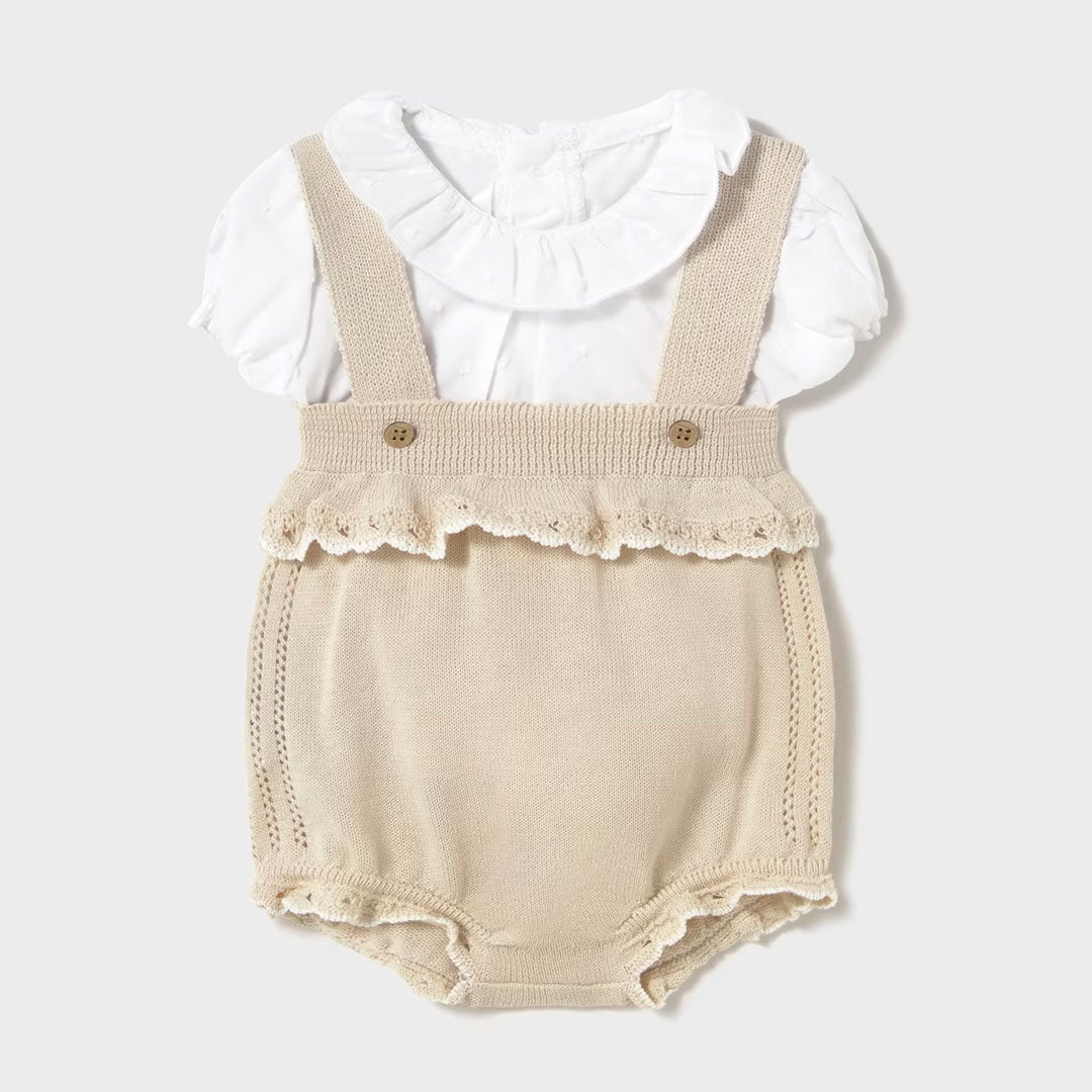Conjunto blusa con bolero blanco Overall beige, set 2pz blusa material transpirable y Overall tejido 100% algodón suave hipoalergénico - Mayoral