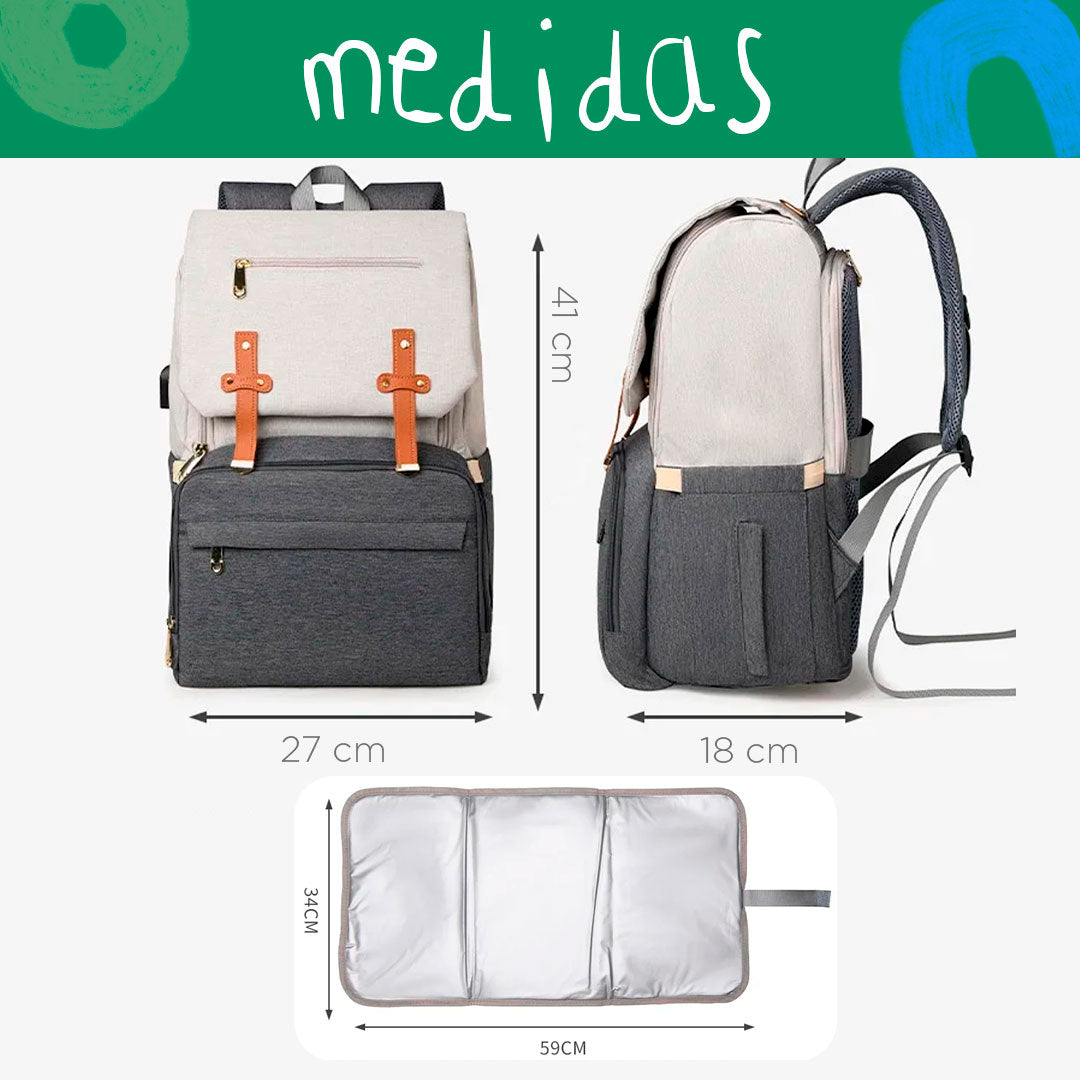Pañalera de solapa y cambiador independiente, morral multifuncional de gran capacidad y bolsillos térmicos